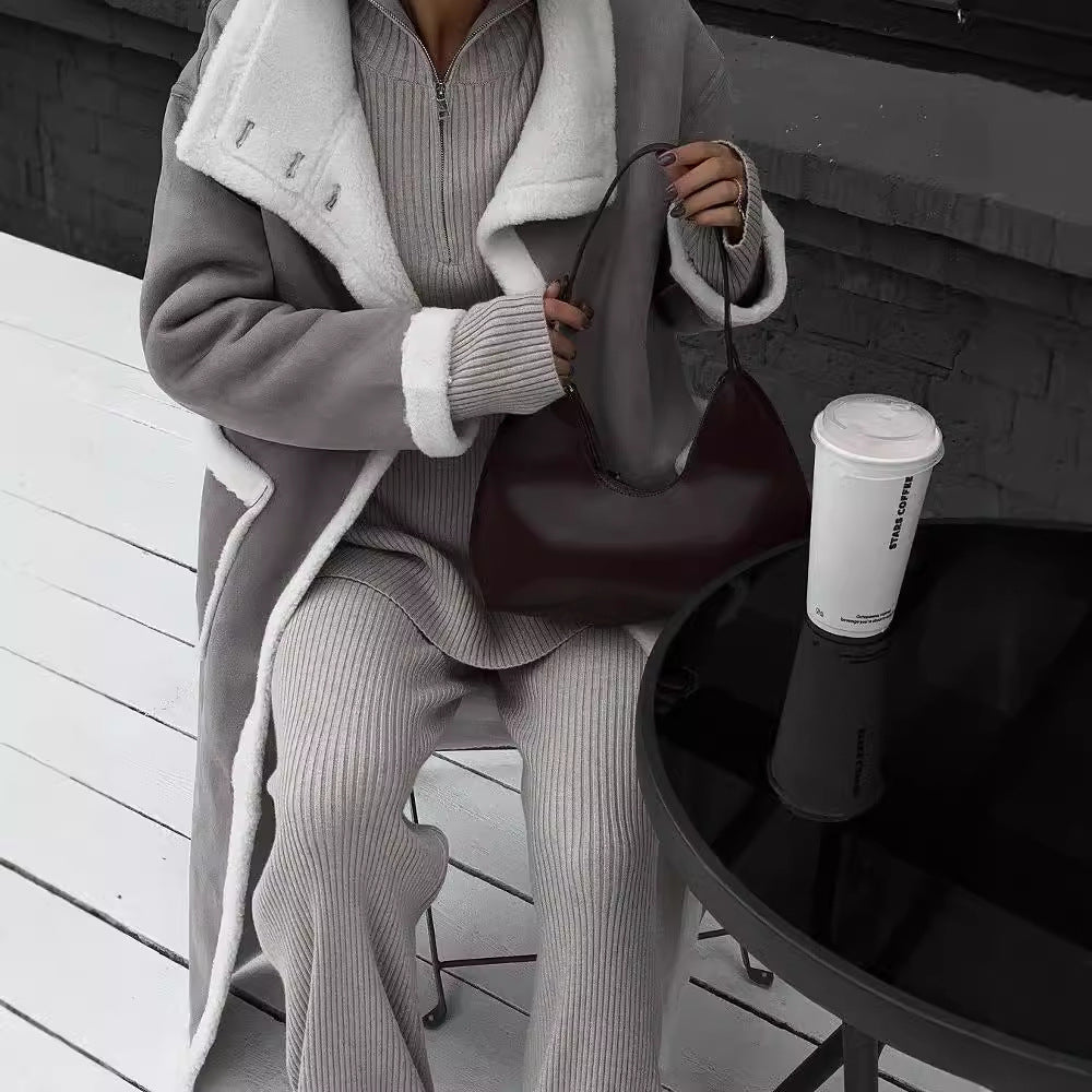 Manteau gris et blanc assorti à poches plaquées pour l'automne et l'hiver