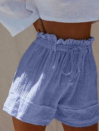 Einfarbige, lockere, plissierte Shorts aus Baumwolle und Leinen mit elastischem Gürtel und hoher Taille im Boho-Stil