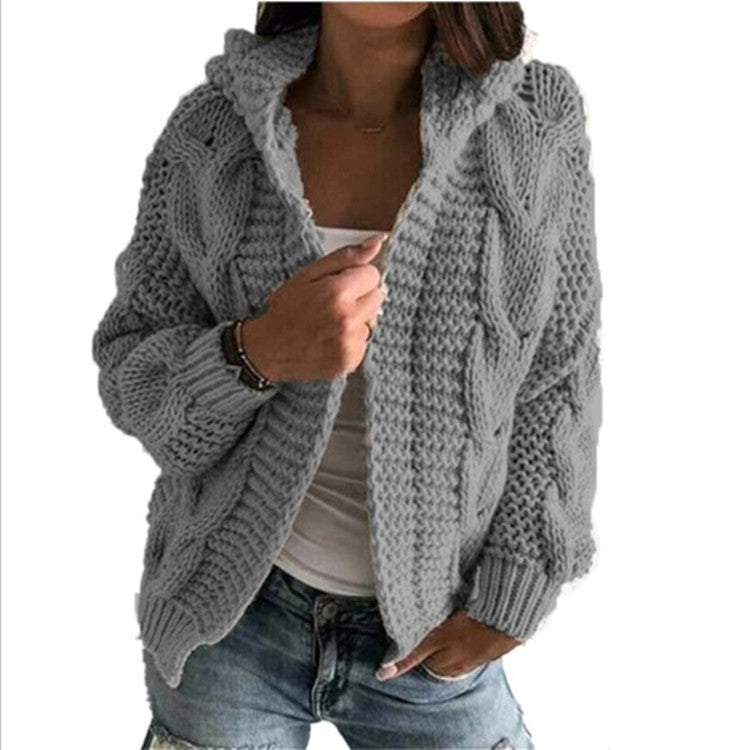 Cardigan à bonnet torsadé en tricot épais pour femme