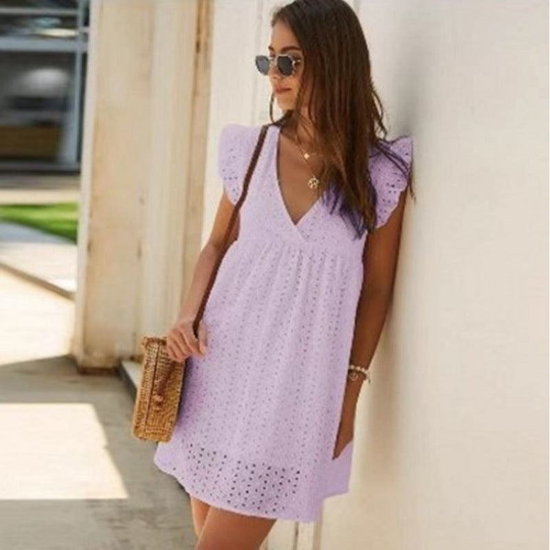 Fashion Women'S Summer V-Neck Cotton Short Skirt Solid Color Dress