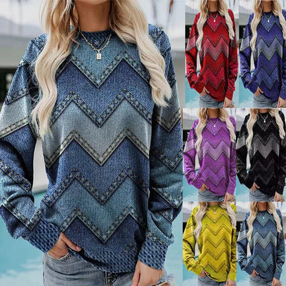 Color Block Denim Printing Casual Long-sleeved Geometric Sweater For Women