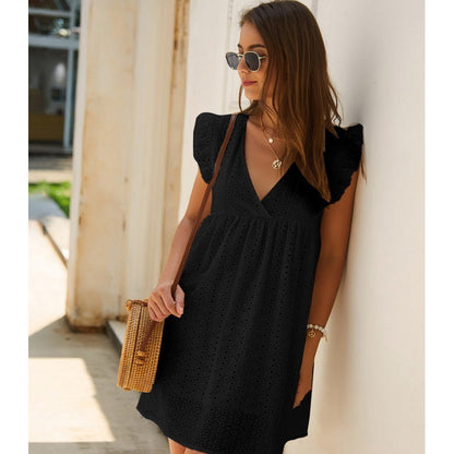 Fashion Women'S Summer V-Neck Cotton Short Skirt Solid Color Dress