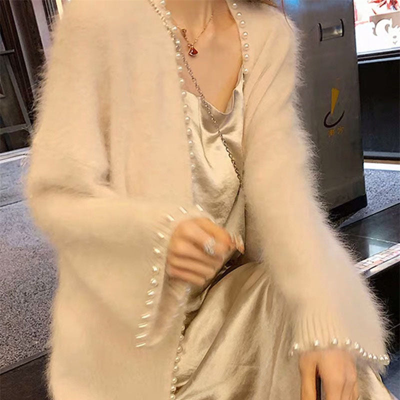 Warm Heavy Industry Nail Pearl Mink Cardigan Mid-length Jacket