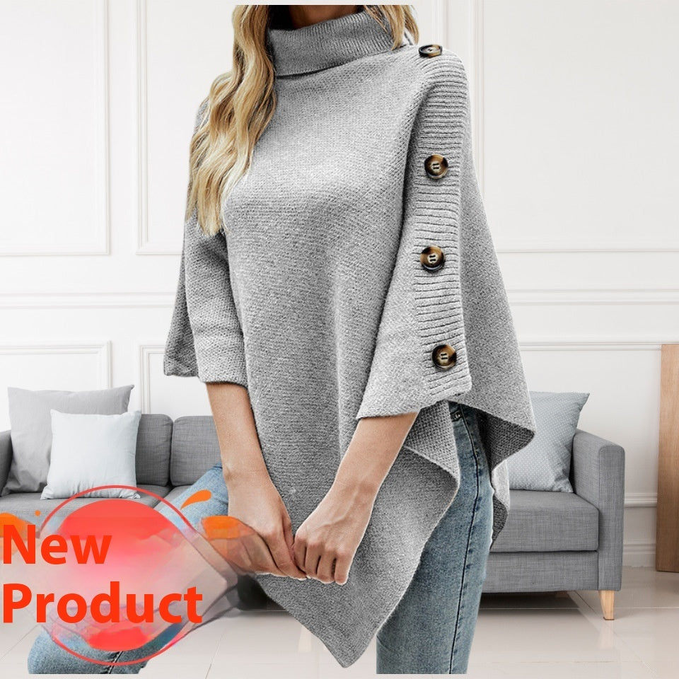 Autumn And Winter New Solid Color Turtleneck Shawl Cape Slit Knit Sweater