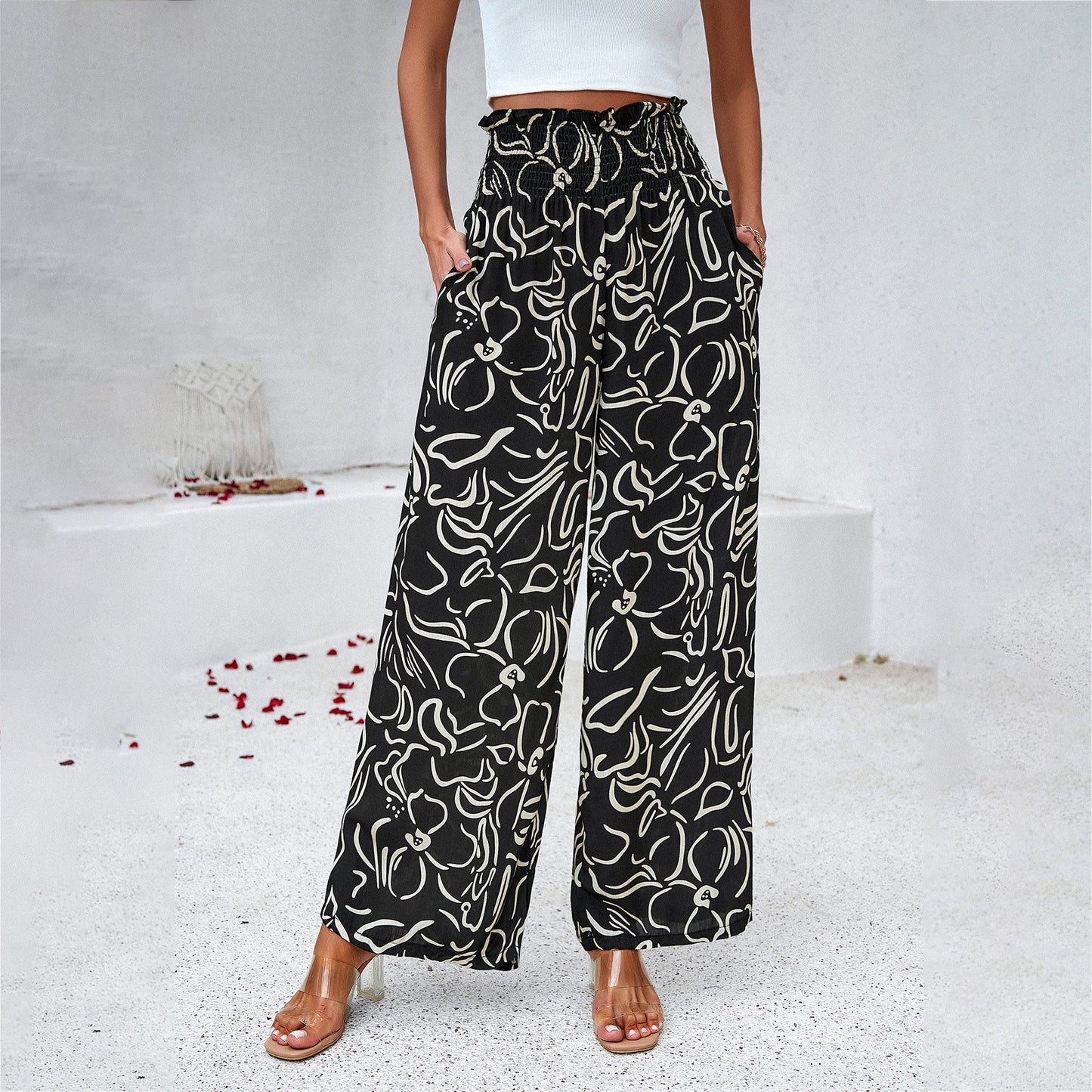 Pantalon imprimé élégant été ample élastique taille haute pantalon droit pour les vacances à la plage vêtements pour femmes