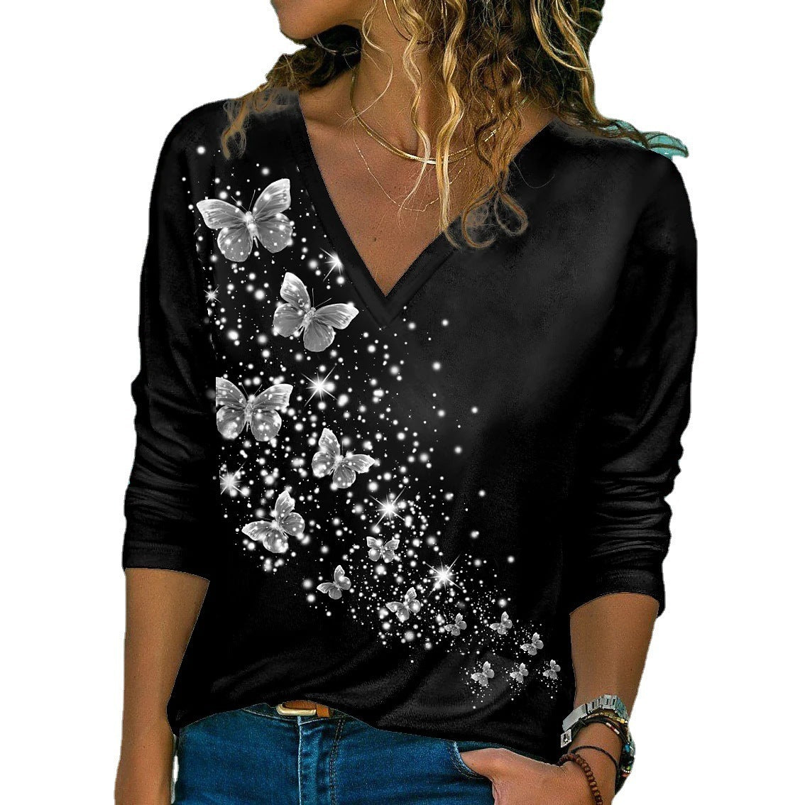 3D Butterfly Print Long Sleeve V-neck Loose Top