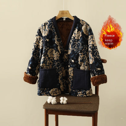 Floral Jacket Ethnic Print Fleece-lined Thickened Cotton-padded Coat Plus Size Women's Clothing