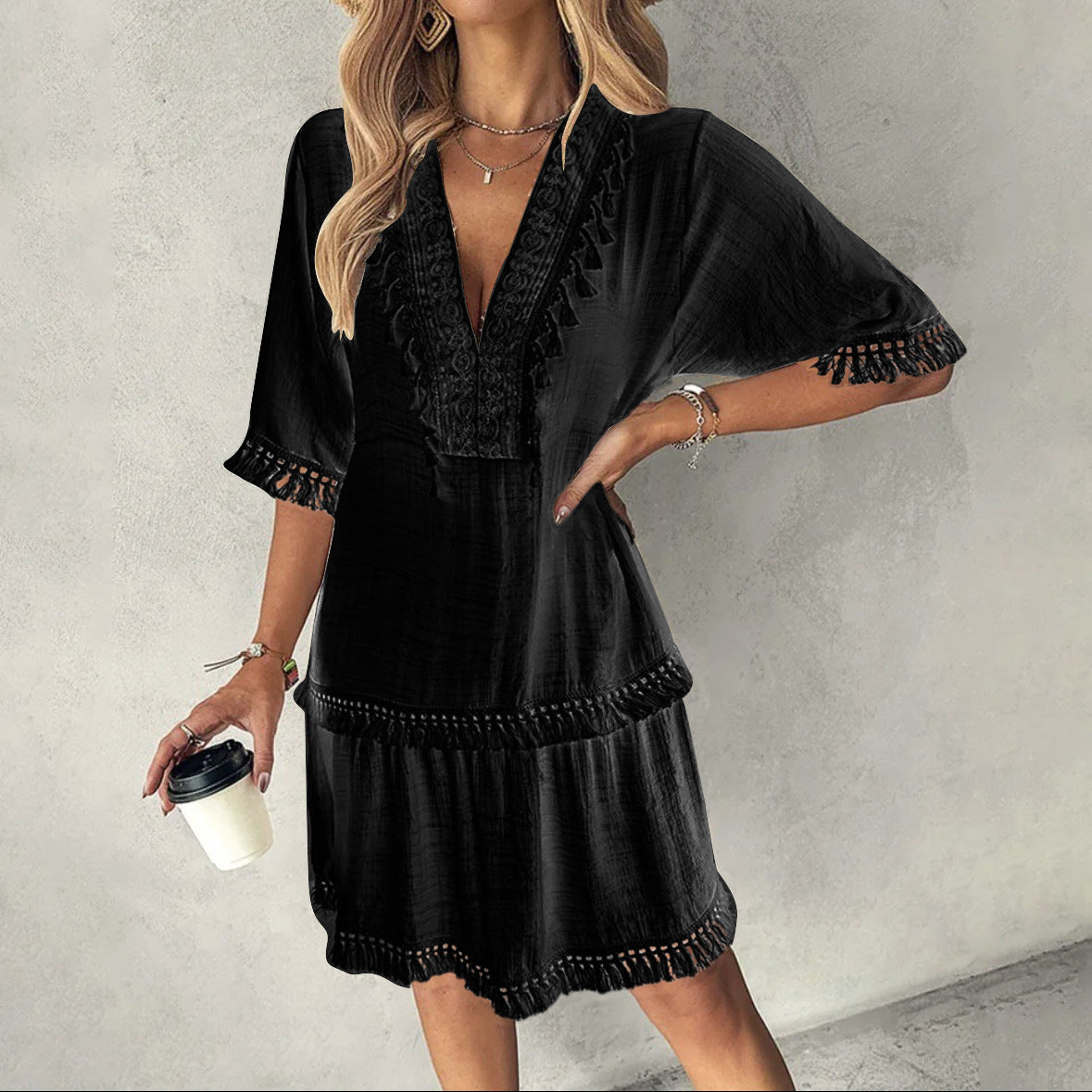 Summer V-neck European And American Style Dress Short-sleeve One-piece Dress For Women