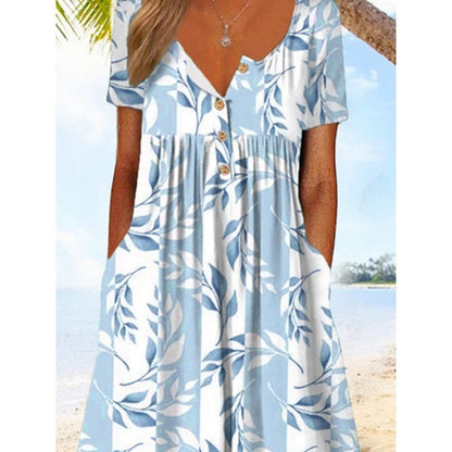 V-neck Printed Short Sleeve Slim Fit Slimming Long Dress