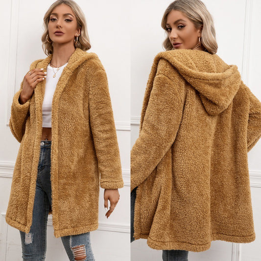 Cardigan mi-long en laine d'agneau avec capuche et trench-coat