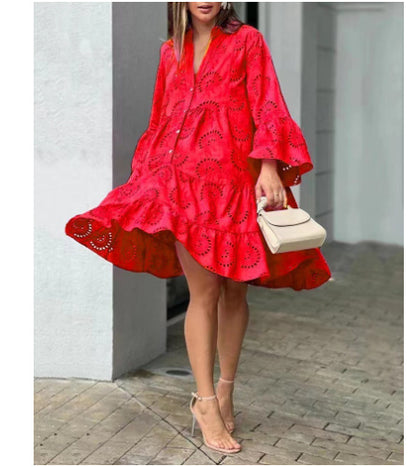 Summer Flower Hollow-out Embroidered V-neck 7-quarter Sleeve Large Swing Dress