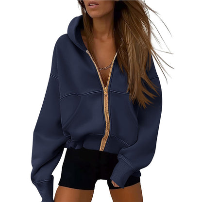 Zipper Hooded Sweatshirt Sports Long Sleeve Loose Pockets Fashion Jacket For Women