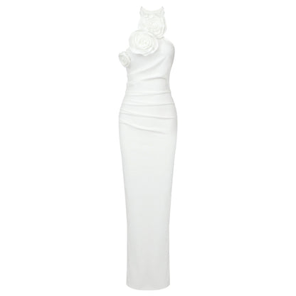 New Style White Ribbon Flower Halter Long High Sense Dress