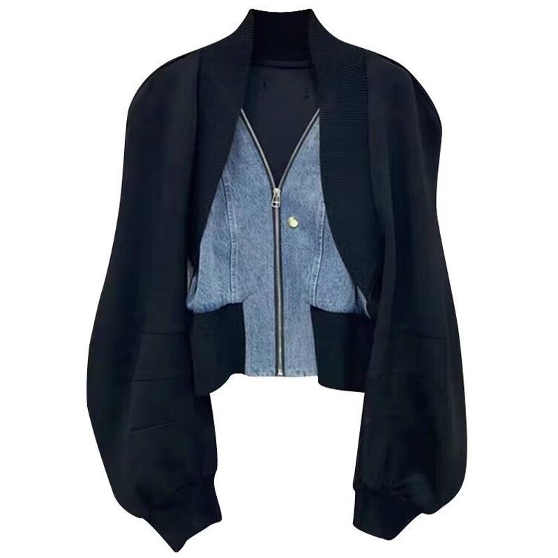 Black Denim Stitching Long Sleeve Short Coat For Women