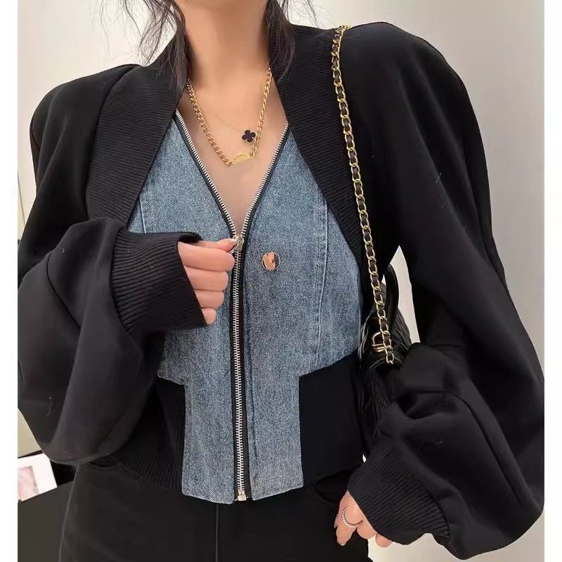 Black Denim Stitching Long Sleeve Short Coat For Women