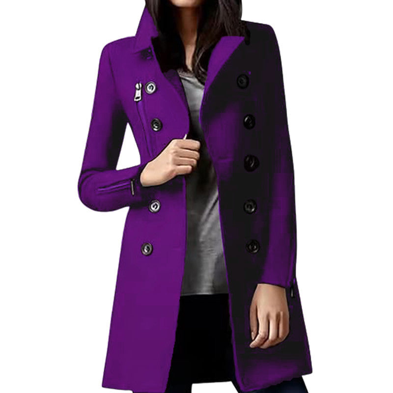 Casual Double Breasted Multi-pocket Long Sleeve Woolen Coat