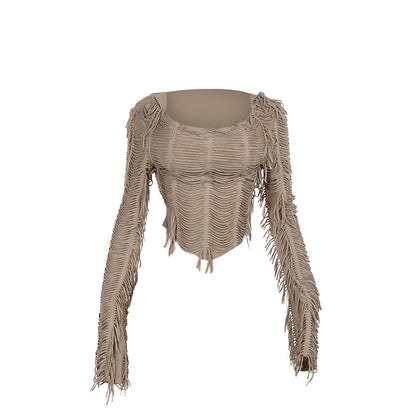 European And American Style Temperament Leisure Slim Texture Tassel Hooded Long Sleeve Top