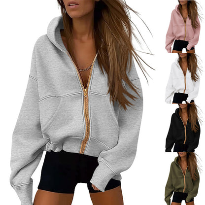 Sweat à capuche zippé pour femme, veste de sport à manches longues et poches amples, tendance