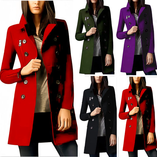 Casual Double Breasted Multi-pocket Long Sleeve Woolen Coat