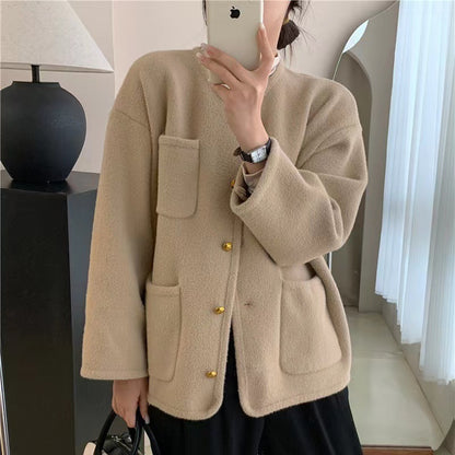 Women's Loose And Idle Round Neck Solid Color Top Coat