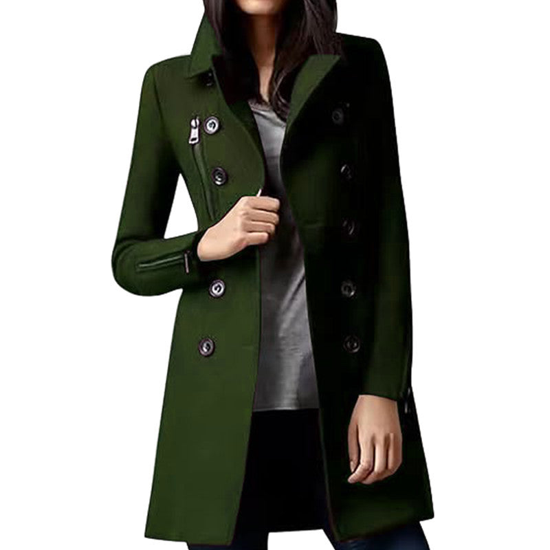 Casual Double Breasted Multi-pocket Long Sleeve Woolen Coat