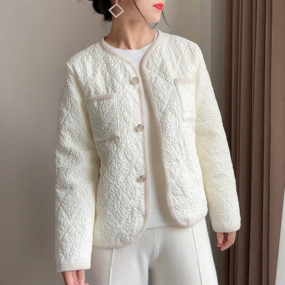 Cardigan en laine pour femme Veste matelassée en coton Col rond