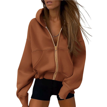 Zipper Hooded Sweatshirt Sports Long Sleeve Loose Pockets Fashion Jacket For Women