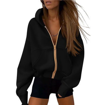 Zipper Hooded Sweatshirt Sports Long Sleeve Loose Pockets Fashion Jacket For Women