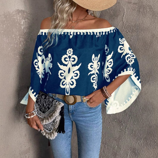 Fashion Loose Print Off-shoulder Top Women