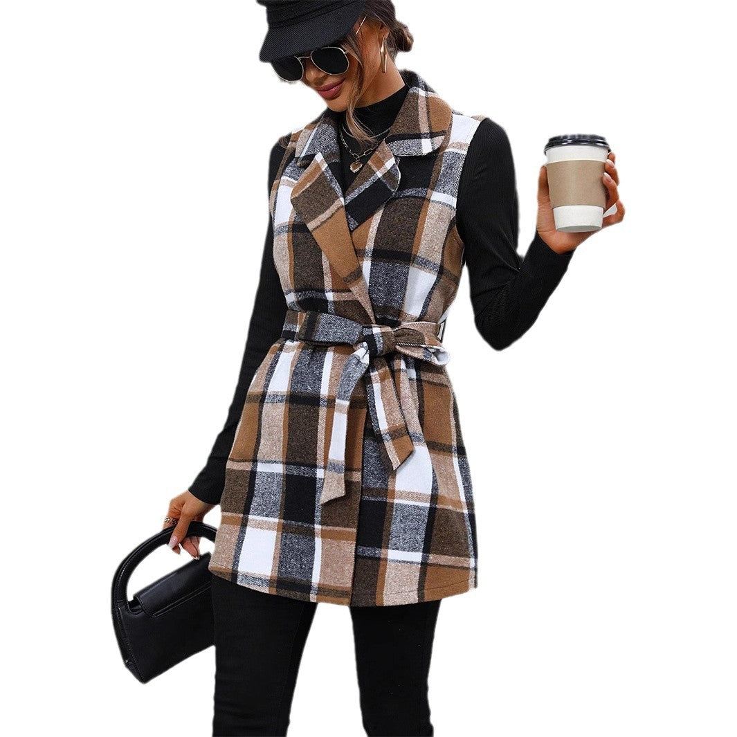 Casual Sleeveless Waist-controlled Lace-up Vest Plaid Coat