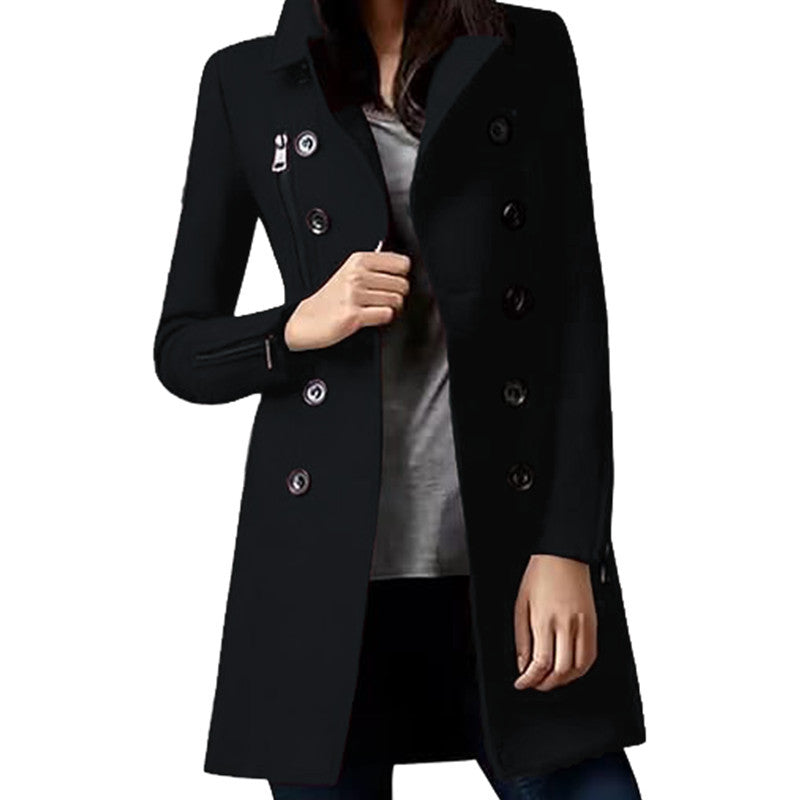 Casual Double Breasted Multi-pocket Long Sleeve Woolen Coat