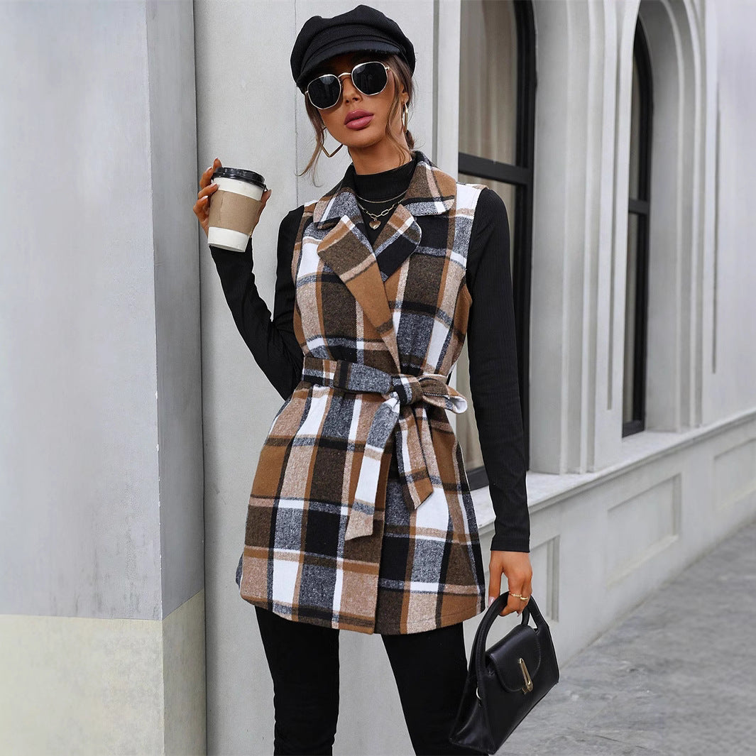 Casual Sleeveless Waist-controlled Lace-up Vest Plaid Coat