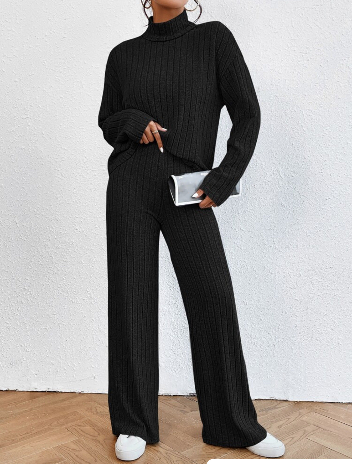 Turtleneck Long Sleeve Sunken Stripe Loose Wide Leg Pants Two-piece Set