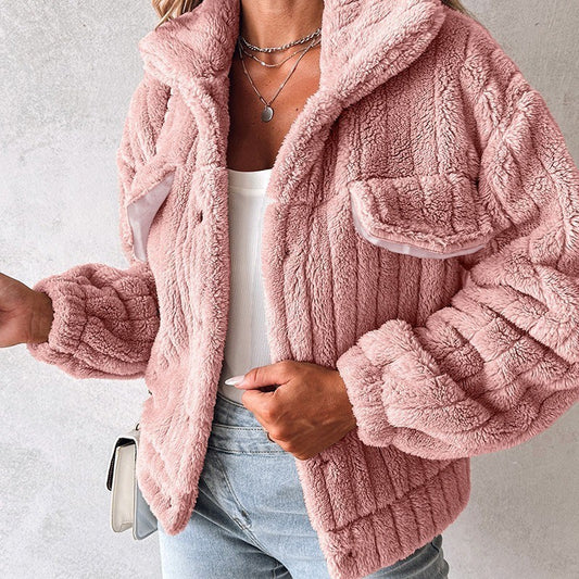 Cardigan en velours à rayures enfoncées pour femme, manteau court à revers