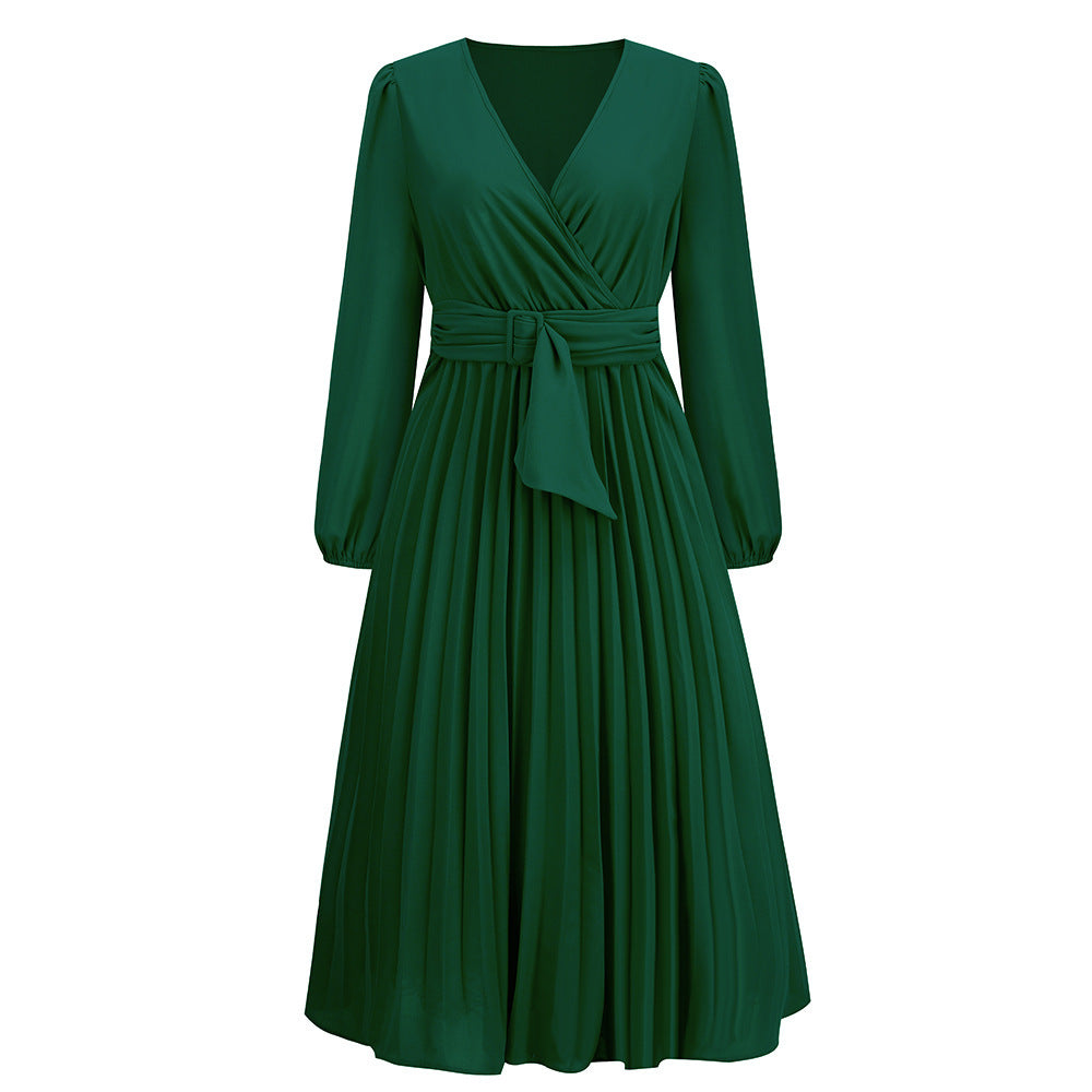 Women's Stylish Temperament Long Sleeves Slim-fit Pleated Belt V-neck Dress