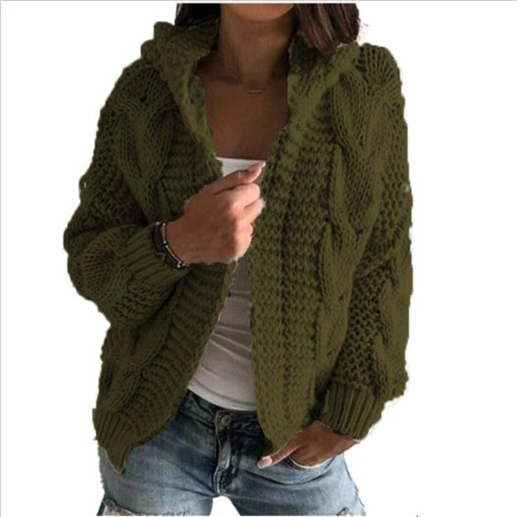 Cardigan à bonnet torsadé en tricot épais pour femme