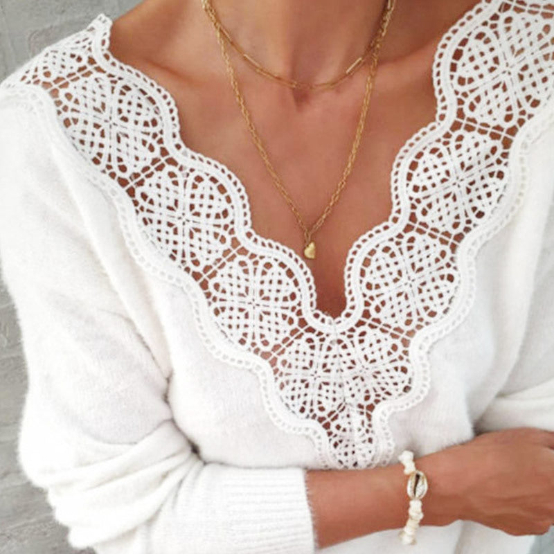 Lace V-neck Sweater White Warm Top