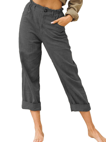 Pantalon patchwork en coton et lin pour femme, pantalon à taille élastique avec cordon de serrage au dos, pantalon décontracté ample