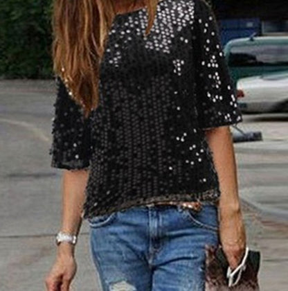 Sequined Sequined Mid-sleeve One-neck Loose Casual T-shirt