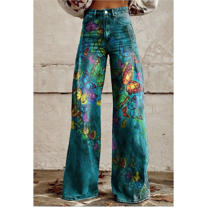 Pantalon large taille haute ample en imitation denim imprimé pour femme