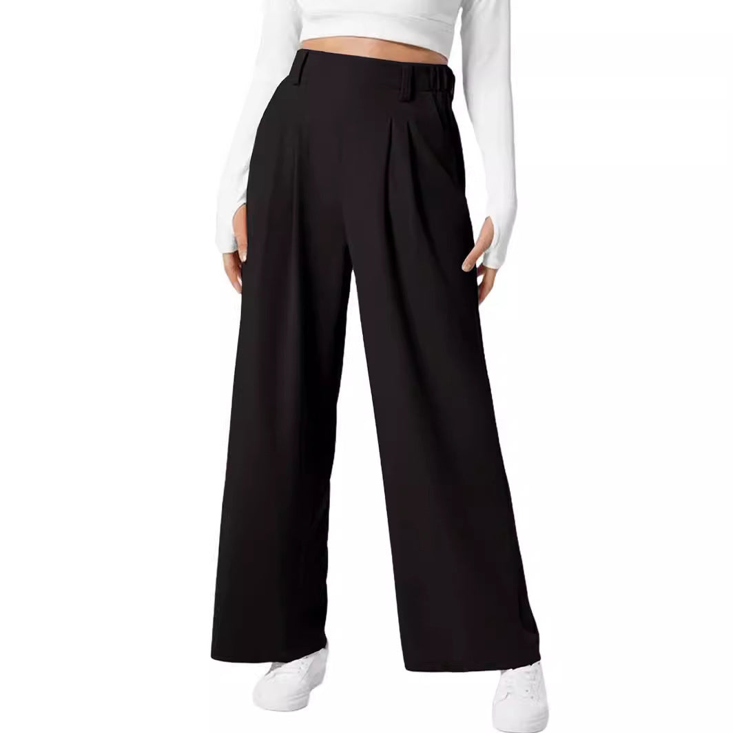 Pantalon large pour femme taille haute élastique en tricot gaufré décontracté