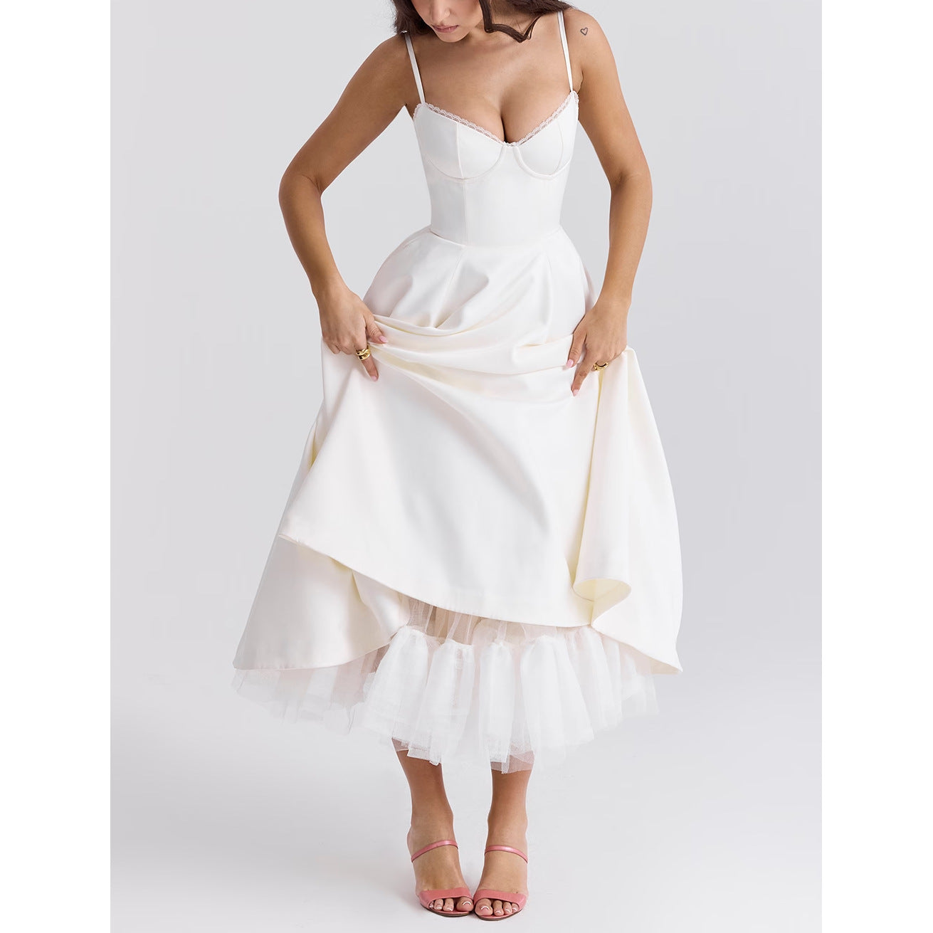 Robe longue bouffante sans manches à col en V pour femme