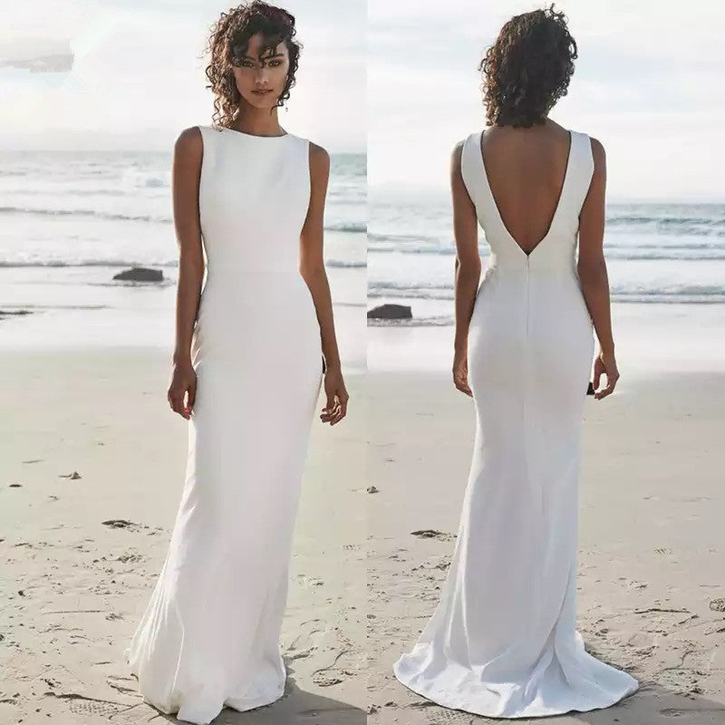 Robe de mariée de plage dos en V jupe longue en satin doux au sol mariée sirène