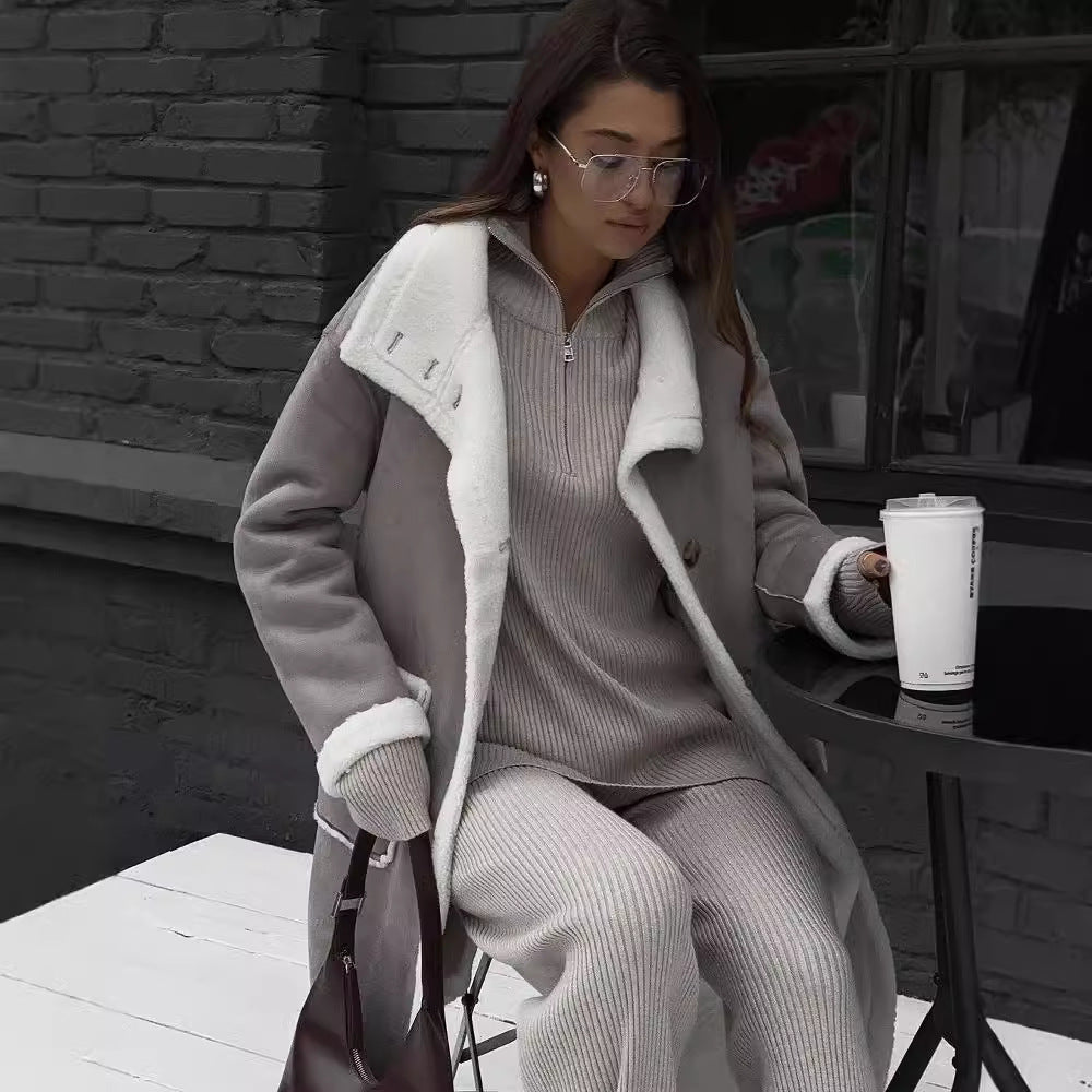 Manteau gris et blanc assorti à poches plaquées pour l'automne et l'hiver