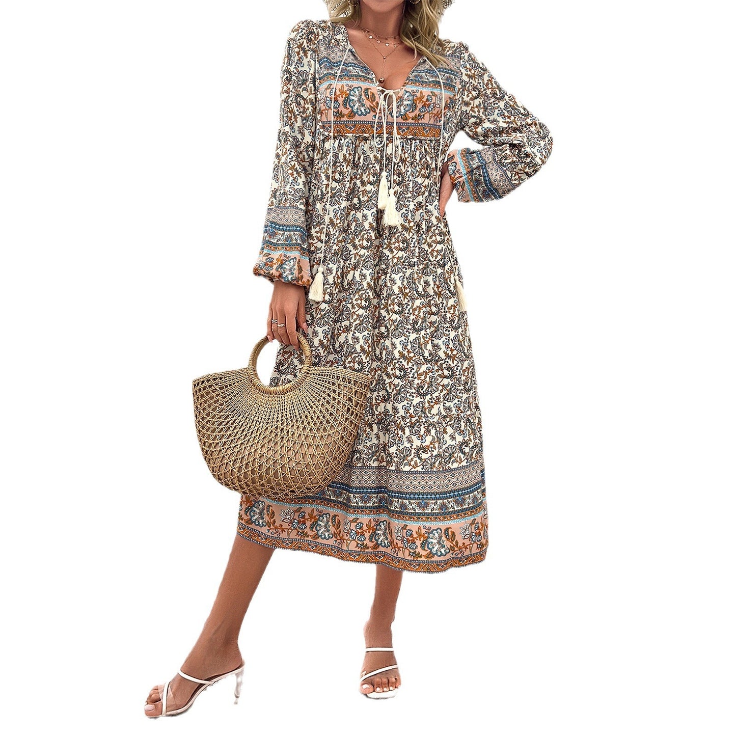 Women's Fashion Casual Holiday Long Sleeve Printed Maxi Dress