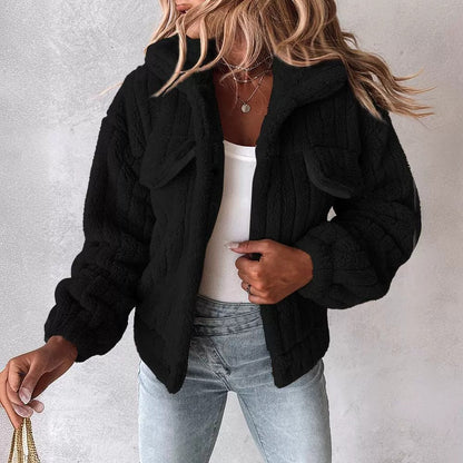 Women's Sunken Stripe Velvet Cardigan Lapel Short Coat