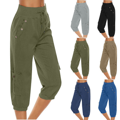 Pantalon court en coton et lin pour femme avec poches cargo, pantalon décontracté