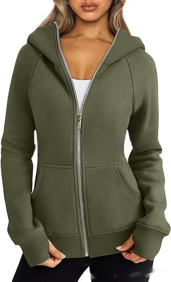 Women's Zipper Short Hood Fleece Lined Solid Color Hoodie Sweater