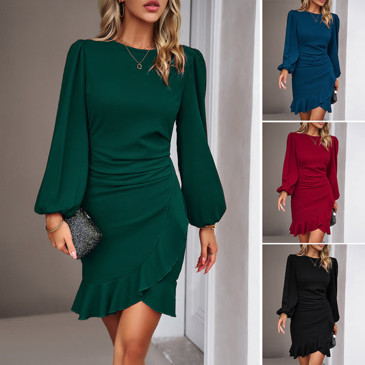 Robe courte à manches longues bouffantes pour femmes, mode gracieuse, couleur unie, slim, couvrant les hanches, vêtements pour femmes