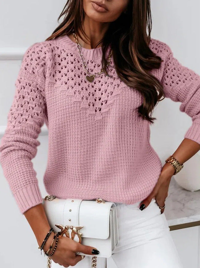 Pure Color Jacquard Hollow Out Stitching Round Neck Elegant Sweater